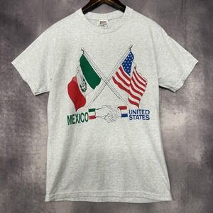 VTG Fruit of the Loom Shirt Mens Medium Gray Mexico United States Flags Tee